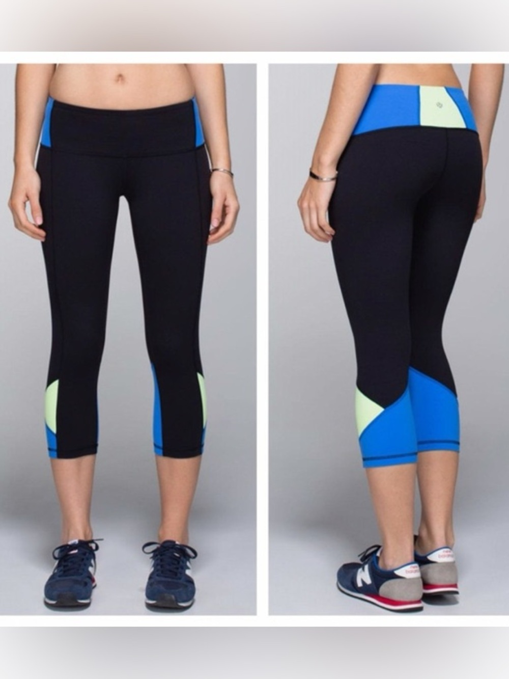 lululemon athletica Black Capri Leggings with Blue & Mint Panels